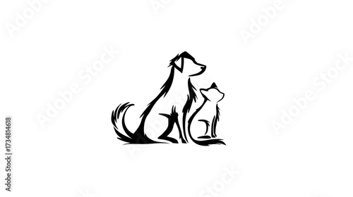 Stylized black and white graphic of a dog and cat sitting side-by-side, representing pet companionship, animal friendship, and veterinary care.
