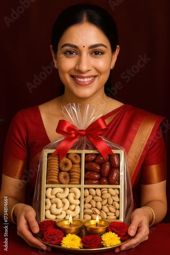 Indian woman holding Diwali dry fruit gift hamper box with brass diyas