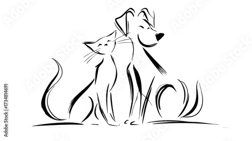 Minimalist line art illustration of a dog and cat sitting together, depicting pet friendship and animal companionship.