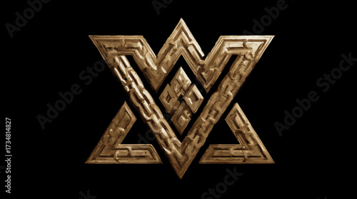 Golden ornate mystic symbol with intricate Celtic knot-like design on a dark background. Textured metallic ancient sacred geometry emblem.