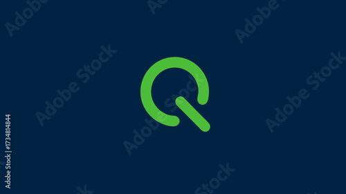 Modern minimalist green abstract Q-shaped graphic element on a dark blue background, simple and elegant design.