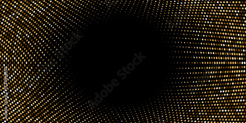 Glowing golden halftone dot background. Bright circular lights grid on dark. Futuristic vibrant texture pattern. Geometric minimal digital design. Vector illustration.