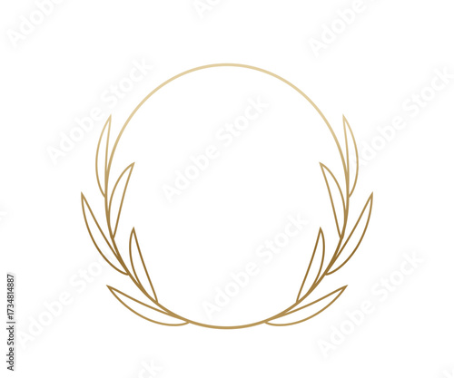 Golden laurel wreath frame isolated on white background. Elegant circular leaf ring in minimalist gold gradient design for awards, certificates, invitations, luxury branding. Decorative vector element
