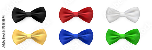 Bow tie set of red, white, black, yellow, green, blur colors. Bowties for business suit. Classic silk neckties vector illustration. Realistic gentleman luxury fashion element of costume.
