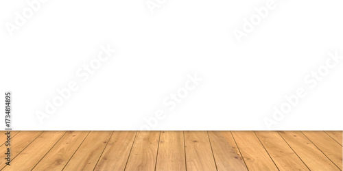 Wooden floor with white wall background. Wood natural brown plank floor. Minimalistic interior mockup for product display, presentation, or room design visualization. Realistic vector illustration.