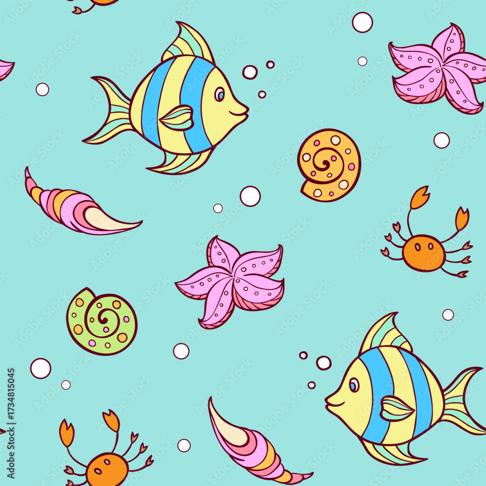 Naklejka premium Seamless pattern of cartoon sea creatures and shells