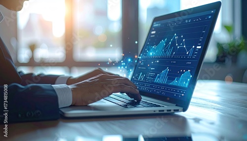 Investor analyzes charts on a laptop in office, sunny background for finance use