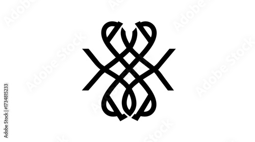 Abstract black symmetrical intertwined knot pattern on white background, modern minimalist graphic design element, decorative loop art