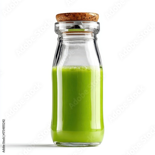 Green Smoothie in Glass Bottle with Cork Stopper on White Background