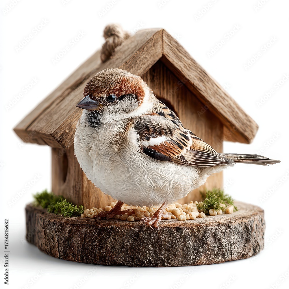 Naklejka premium House Sparrow perched on a wooden bird feeder with seeds on a white backdrop