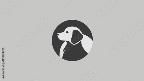 Modern minimalist dog head profile vector illustration. Clean graphic design for a pet animal icon or logo on a simple grey background.