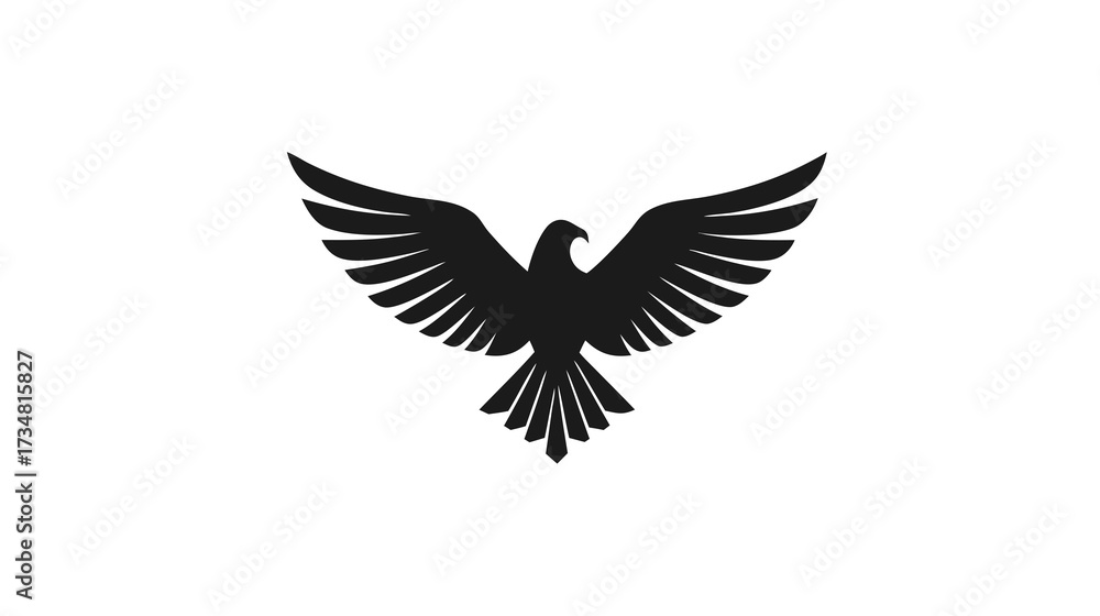 Stylized black bird silhouette with wide-spread wings in flight, representing freedom, power, and strength, isolated on white background. Stylized black bird silhouette with wide-spread wings in flight, representing freedom, power, and strength, isolated on white background.