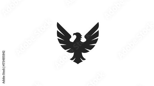 Vector stylized black eagle silhouette icon on white background. Modern bird of prey graphic design, symbol of strength.