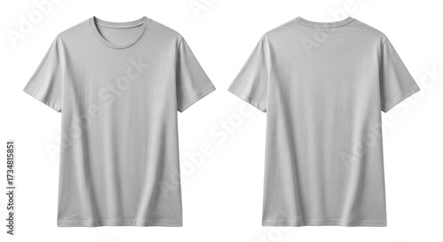 Heather grey short-sleeved t-shirt, soft cotton with fine texture, ribbed crew neck, smooth, no branding, flat lay, front and back view, isolated on transparent background with diffused lighting,