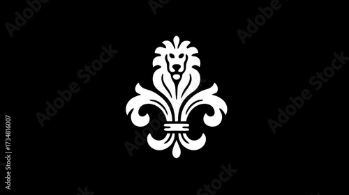 Elegant white lion head emblem with ornate floral motif design on a black background, classical heraldic symbol of luxury and power.