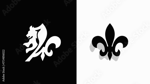 Vector graphic of stylized fleur-de-lis and leaping lion emblem on contrasting black and white backgrounds, heraldic design elements.