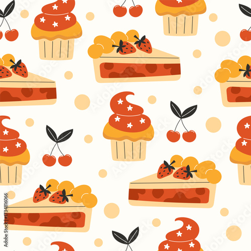 Seamless pattern of cupcakes cake slices and cherries