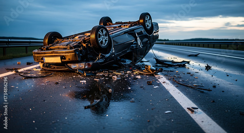 Crashed Car on Wet Road at Dusk