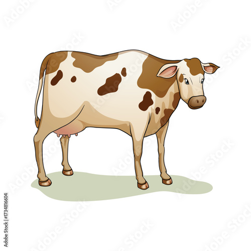 Illustration of a brown and white spotted dairy cow standing peacefully on a clean white background isolated on white background isolated on transparent background