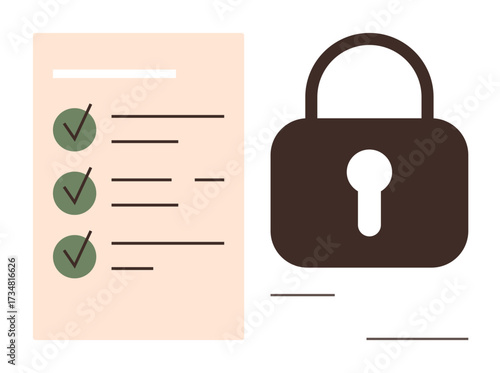 Checklist with green checkmarks beside lock illustrating verified tasks, cybersecurity, privacy, and policy adherence. Ideal for security, regulation, management, compliance, organization
