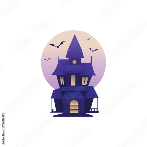 Spooky dark blue haunted mansion with glowing windows and bats flying in front of a pale moon isolated on white background isolated on transparent background