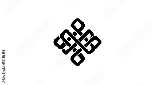 Black intricate endless knot symbol on white background representing eternity, interconnectedness, wisdom, and spiritual harmony.