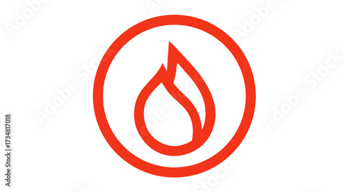 Red flame icon in a circle, simple graphic design. A vibrant fire symbol representing heat, energy, power, and danger.