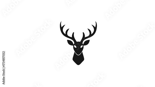 Elegant Black Deer Head Silhouette with Majestic Antlers. Minimalist Wildlife Animal Vector Illustration on White Background.