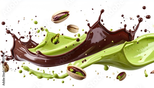 Chocolate & green liquid splash with pistachios on white background. Food concept