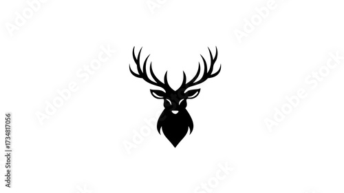 Minimalist black deer head silhouette with elegant antlers, animal icon, wild nature symbol, vector graphic design element.