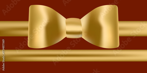 Golden Bow on Red Satin Ribbon Background