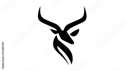Elegant black silhouette of an antelope head with large curved horns, a minimalist and abstract wildlife animal design on white.