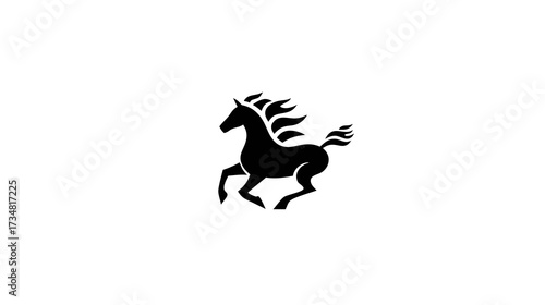 Dynamic black horse silhouette, galloping with majestic flowing mane and tail, isolated on a clean white background.