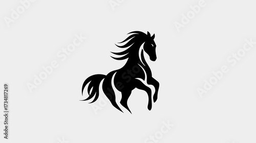 Powerful black horse silhouette rearing up, dynamic equestrian animal emblem, strong equine graphic design element on a simple background.