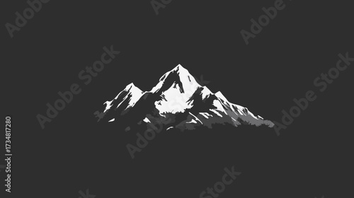 Stylized mountain range icon in black and white, minimalist vector illustration, rugged peaks on dark background, abstract nature graphic