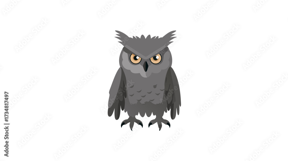 Fototapeta premium Wise grey cartoon owl illustration with piercing yellow eyes, a serious expression, and pointed ear tufts, isolated on white.