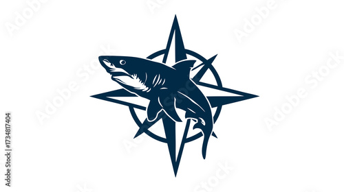 Dynamic Shark and Nautical Compass Rose Emblem. Powerful Marine Predator with Ocean Navigation Symbol. Sea Adventure Graphic Design.