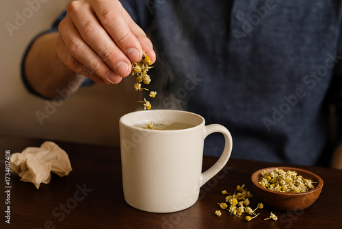 A man hand adds dry chamomile to a mug of boiling water to make medicinal tea for a cold  tea stock photo 