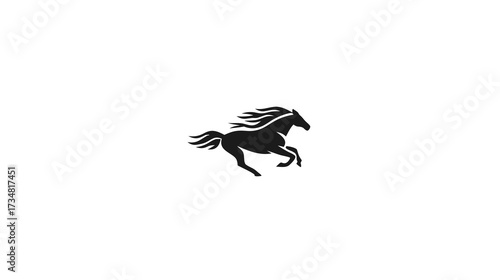 Dynamic black silhouette of a galloping horse with flowing mane and tail on a clean white background, representing speed and power.