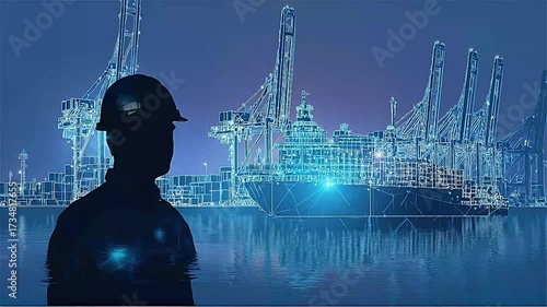 Engineer looks at container ship at night in busy shipping port