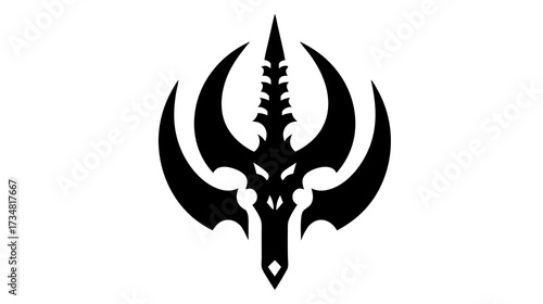 Stylized dark fantasy dragon head with sword icon, mythical creature monster symbol, fierce beast gaming vector graphic design element