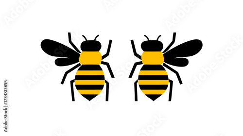 Stylized vector icon of two honeybees with black and yellow stripes. Simple graphic design of flying insect for nature, apiculture, and spring concepts.