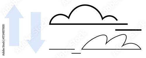 Two minimal clouds and contrasting arrows show air movement, weather transitions, climate. Ideal for meteorology, education, air circulation, environmental themes, data processing, global concepts