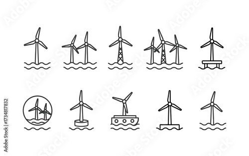 This premium icon set features 10 line icons representing offshore wind turbines, floating wind farms, and ocean-based renewable energy solutions.