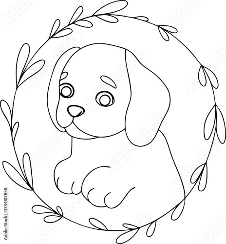 Cute puppy with floppy ears inside a floral wreath outline Continous line drawing