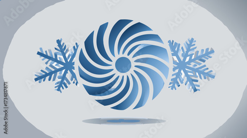 Abstract blue spiral fan and snowflake icons on a light background, symbolizing cooling, winter, cold weather, and air conditioning technology.