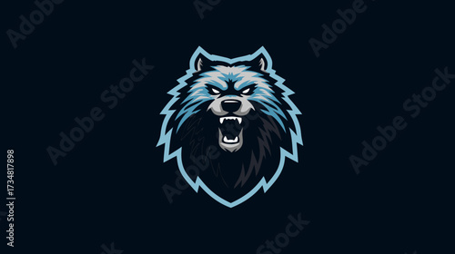 Fierce Blue Wolf Head Illustration. Aggressive, growling wild animal mascot for esports, gaming, or team logo design.