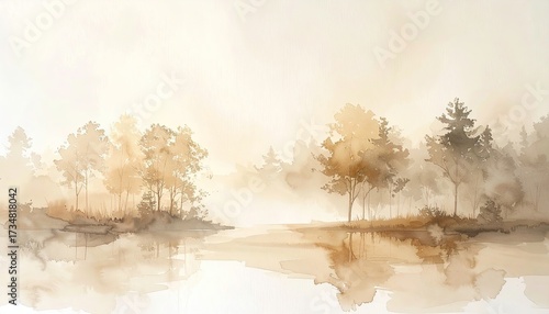 Fototapeta Naklejka Na Ścianę i Meble -  Landscape Painting Calm lake with a misty forest, suitable for wall art prints