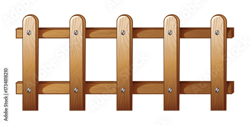 A section of a rustic wooden garden fence with rounded pickets and metal fasteners isolated on white background isolated on transparent background
