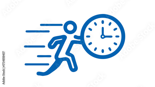 Dynamic icon of a person running with a clock, representing urgent time management, fast delivery, speed, efficiency, and meeting deadlines